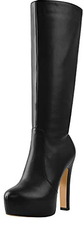 MissHeel Plateau Stiefel Langschaft Stiefel Blockabsatz Runde Zehen High Heels Schwarz EU 46