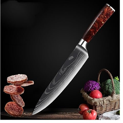 Damaskus kockkniv japansk lax sashimi kniv rött hartshandtag Santoku kniv kökskniv matlagningskniv