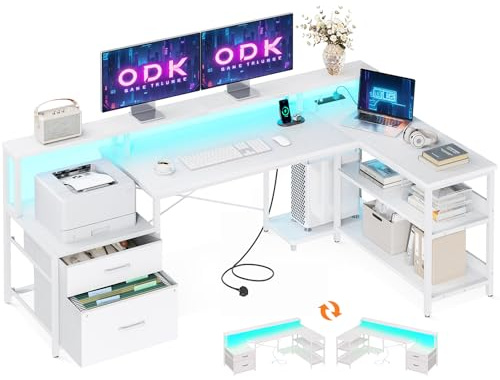 ODK Corner Desk with Drawers, 172×100 cm L Shaped Gaming Desk with LED Lights & Power Outlets, Reversible Computer Desks with Storages, White