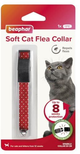 Beaphar – Soft Flea Collar for Cats – Repels Fleas For up to 8 Weeks – Adjustable Fit With Quick Release Safety Buckle – For Cats From 12 Weeks of Age – 1 x Sparkle Collar – Colour May Vary