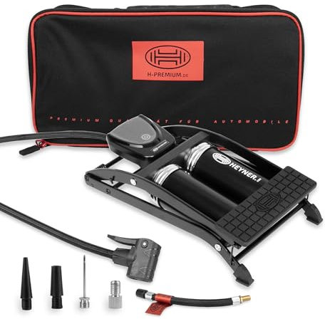 HEYNER® Luftpumpe Fußpumpe Doppelzylinder digitales Manometer + Tasche alle Ventile Auto Motorrad Fahrrad Ball tragbar