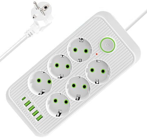 Anluomafuy Multiprise Electrique, Multiprise USB 6 Prises avec 4 Ports USB(3 USB A+1 USB C), Prise Plate avec Interrupteur, Parasurtenseurs, 10A 2500W, Rallonge Electrique 2M, pour Bureau, Maison