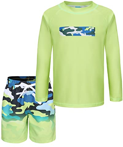 Aisyee Maillot de Bain Enfant 2 pièces Tshirt UV Garcon à Manches Longues Haut de Bain Anti UV Short de Bain Garcon Enfant pour Surf Natation Piscine Plage 11 12 Ans