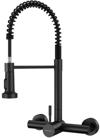 BLYLUND Küchenarmatur Wandmontage mit Herunterziehbare Brause, Hoch Gebogen Wandarmatur mit 2 Strahlarten, Schwarz