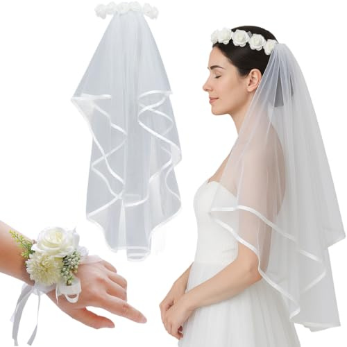 JYNVO Voile Pour Robe De Mariée, Équipé D'Un Bracelet À Fleurs, Voile Mariée À Couronne De Fleurs- Pour Déguisements De Soirées Fête Reprises De Banquet Halloween