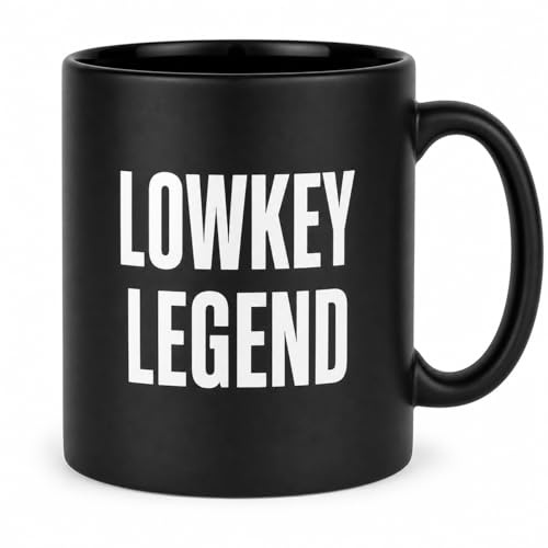 JRose Collections Extra Large 625ml Black Ceramic Mug – “Lowkey Legend” Double Sided Engraved Design – Big Coffee Cup with Gift Box – Funny Novelty Mug for Office Home Tea Coffee