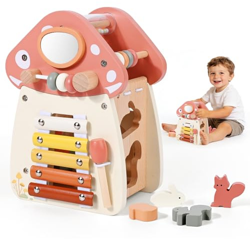 Euakee Cubo de Motricidad para Bebé Montessori a Partir de 1 Año, Juguetes Montessori 5 en 1 con Xilofono, Juguete de Madera, Juguete de Martillo, Regalos para Niños de 1 2 3 4 Años (Forma Champiñón)