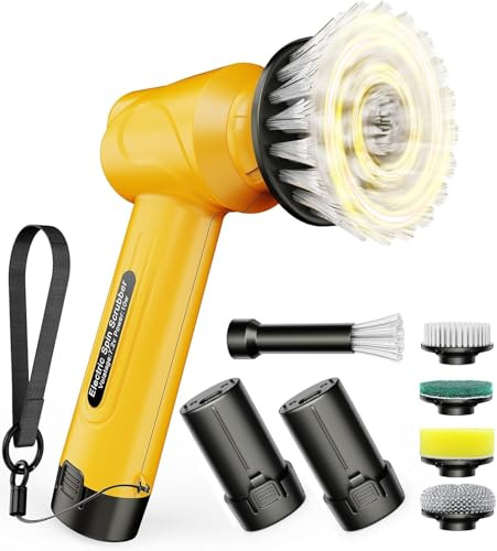 Qimedo Handheld Electric Scrubber, 5000 mAh Battery Electric Cleaning Brush with 5 Brush Heads, Power Spin Scrubbing Brush with 2 Replaceable Batteries for Kitchen, Sink, Dish & Window