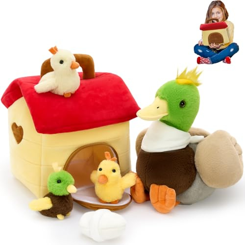 MorisMos Big Mallard Duck Stuffed Animals Plush Toys, 35cm Soft Zippered Mommy Duck Teddy with 3 Baby Ducklings, House and Egg Cuddly, Gifts for Kids Girls Boys Birthday Farm Party Decorations