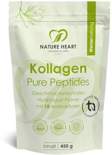 Nature Heart Kollagen Pure Peptides Pulver 450g – hydrolysiertes Kollagen Typ I aus Weidehaltung – geschmacksneutral, löslich mit über 91% Protein
