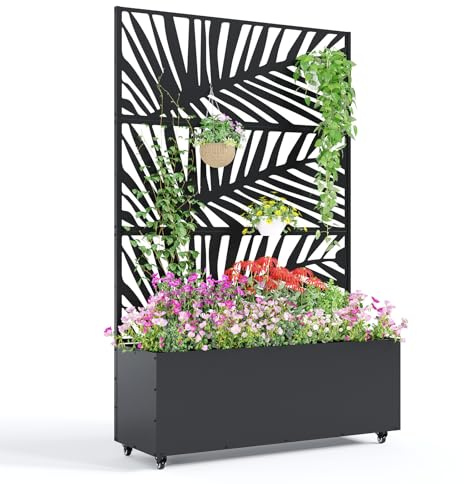Garvee Metal Raised Garden Bed with Trellis and Wheels, 71x47x16 Metal Planter Box with Trellis Privacy Screen for Climbing Plants, Vegetable, Vines, Drainage Holes, 15.8 Deep Planting Bed,Black