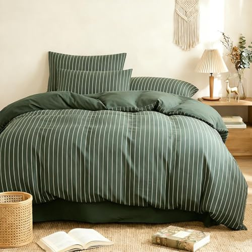 Lanqinglv Gestreift Bettwäsche 155x220 Dunkelgrün Streifen Wendebettwäsche,Kuschelig ÖKO-TEX Bettwäsche für Allergiker Geeignet,1 Grün Bettbezug & 1 Kissenbezug 80x80 cm