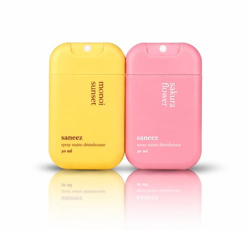 Lot de 2 Sprays Mains Désinfectants 30 ml – Format Pocket – Sans Rinçage – Parfum (Sakura/Monoï) – Gel Hydroalcoolique Portable – Idéal Sac, Voyage & Quotidien