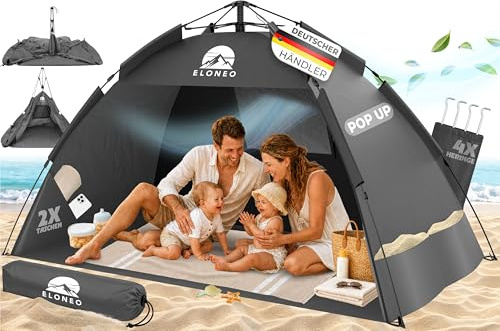 ELONEO Pop Up Strandmuschel UV Schutz 50+ | Strandzelt 190x100x110 cm | Leichter Aufbau und kleines Packmaß inkl. Tragetasche | Strand Sonnenschutz & Windschutz für Babys und Erwachsene