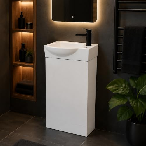 Built Right Bathroom Vanity Unit with Ceramic Basin, Floor Standing Cabinet | Fully assembled PVC vanity with ceramic basin, soft-close storage and modern finish. No tap or waste included.