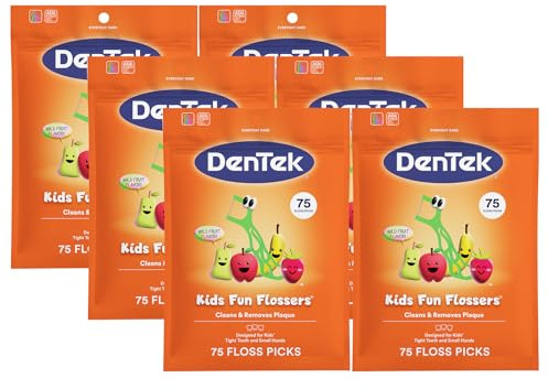 Dentek Floss Picks, Kids Flossers, Wild Fruit Flavor, 75 Count, 6 Pk