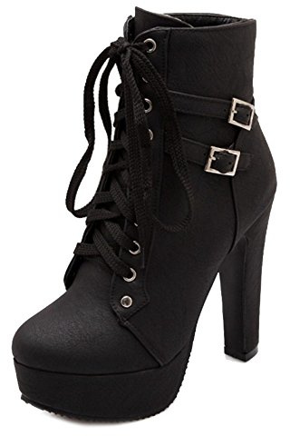 Onewus Fashion Women Lace-up Platform Boots High Block Heel Ankle Booties
