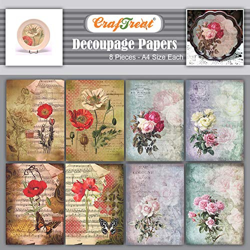 CrafTreat Reusable Rose Decoupage Paper for Crafts and Furniture - Poppies and Roses - Size: A4 (8.3 x 11.7 Inch) 8 Pcs - Furniture Decoupage Paper Poppies - Floral Decoupage Paper for Furniture