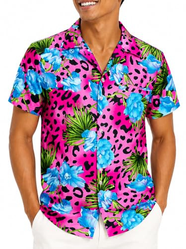 King Kameha Camisa Hawaiana para Hombre de Manga Corta con Estampado de Leopardo, Leopard-Flowers, Rosa, XXL
