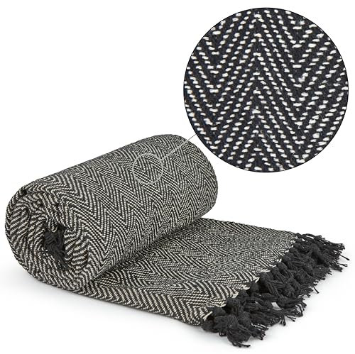 Emma Barclay Herringbone - Recycled Cotton Patterned Chair Sofa Setee Bed Throw Over Blanket in Black - 50x60 (127x152cm)