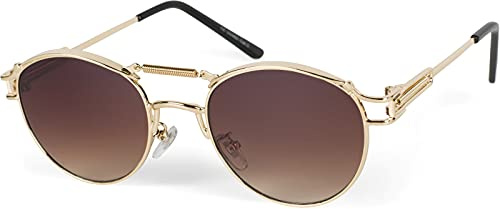 styleBREAKER Gafas de sol Panto para damas con lentes planas ovaladas y patillas de metal, plumas, almohadilla nasal de silicona 09020117, color:Dorado montura/Marrón vidrio corrido