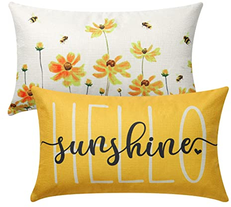 Weldomcor 2er Set Blumen Kissenbezug 30 x 50 cm - Baumwolle Leinen Lenden Kissen für Frühling Sommer - Dekorative Bauernhaus Dekoration für Sofa Couch