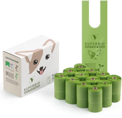 SUPERBIO Handle Tie Dog Poop Bags,12 Rolls,180 Bags,Extra Thick and Strong, OK compost INDUSTRIAL.