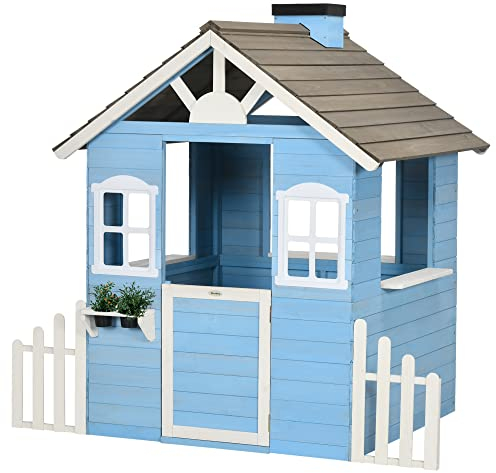 Outsunny Casa per Bimbi 3-7 Anni con Staccionata, Portavasi, Porta e Finestre, Casetta per Bambini in Legno di Abete, 151x112.5x142 cm, Blu