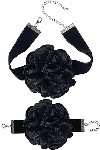 Kidukso Beflockte Blume Kropfband Halskette Armbänder Set Mode Große Rose Blume Halskette Brautjungfer Hochzeit Party Halskette Halloween Zubehör Halsketten Frauen Sommer Strand Halskette Schwarz
