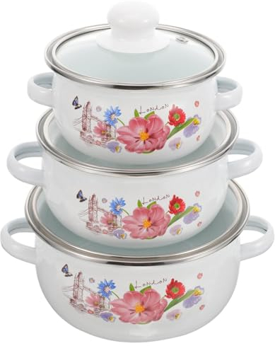 Yardwe 3pcs Enamelware Pot Set, Enamel Stockpot with Lid Floral Retro Cooking Pot Simmer Pot Deep Enamelware Soup Pot for Home Restaurant