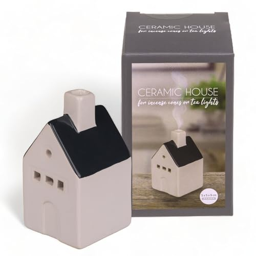 MIJOMA Kleines Räucherhaus und Teelichthaus aus lasierter Keramik, stilvoll in Weiß mit schwarzem Dach, Trendbewusstes Design trifft auf Wärme, Wohnkomfort und gemütliche Abende, ca. 5x5x9cm.