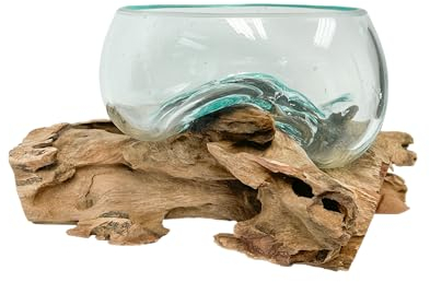 My Family House Melted Glass Bowl on Wood Fair Trade Handmade Ornament Various Sizes Unique Eco-Friendly Recycled Drift Wood Rustic