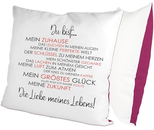 glitzertassen.de® | Du bist die Liebe meines Lebens! | Kissen mit Spruch | Geschenk | Kissen mit Druck | Liebe | Partner | Deko Kissen | Fotokissen | Kuschelkissen | Weiß/Violett