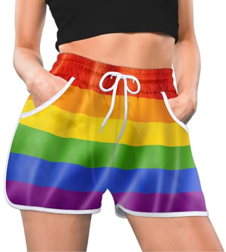 Rainbow Flag Pantaloncini da donna con tasche, arcobaleno Gay Pride da donna, pantaloni sportivi comodi da spiaggia, palestra, yoga, corsa, casual, Colore, XL