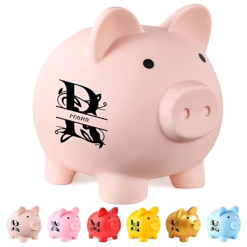 Salvadanaio personalizzato con nome per bambini, simpatico salvadanaio a forma di maiale, salvadanaio in plastica personalizzato con lettere in tinta unita, regalo infrangibile per bambini.