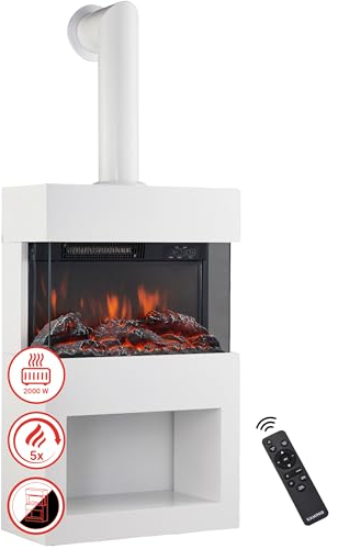 KAMINIO Elektrokamin Henri mit Ofenrohr - Elektrischer Kaminofen mit Heizung, 3D-Flammeneffekt, Holzfach, LED-Ambientelicht, Fernbedienung (Weiß)