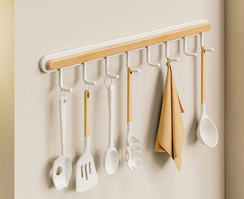 Support pour Ustensiles de Cuisine en Bois et Fer - Barre de Suspension Murale Sans Perçage pour Cuillères, Planches à Découper, Poêles