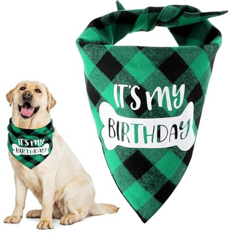 Dimeho Dog Birthday Bandana Green Plaid Dog Bandanas It’s My Birthday Triangle Dog Bandana Soft Dog Birthday Party Supplies for Small to Large Dogs Cats Pets Birthday Gifts (Green)