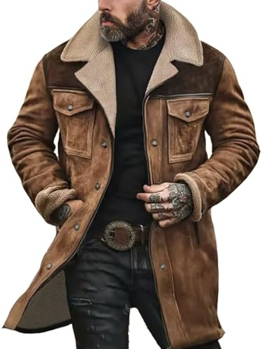 LinRim Herren-Wildlederjacke, Umlegekragen, Klappentaschen, Trucker-Jacke, Winterjacke Herren Casual Wildlederjacke, Warm Gefüttert Wintermantel, Kunstlederjacke, Winter Jeansjacke mit Taschen, 3XL