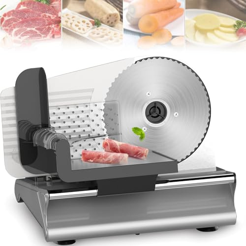 Cortadora De Carne Eléctrica, Cortadora De Pan De 500 W con Espesor Ajustable De 1-15 Mm Y Hoja Dentada De Acero Inoxidable De 19 Cm, Máquina Cortadora De Carne para El Hogar Y Queso/Carne