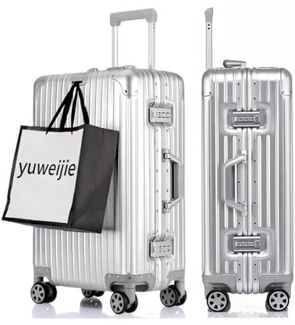 yuweijie Koffer Handgepäck · Hartschalen in 100% Aluminium · Trolley Reisegepäck · Reisekoffer mit 4 Doppelräder · TSA Zahlenschloss (Silber, XL)