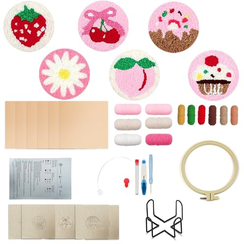 bechoanigel Punch Needle Posavasos Juego de 6 Piezas – Juego de Bordado para Principiantes con Hilo, Marco de Bordado e Instrucciones (Idioma Español no Garantizado) – Juego de Manualidades para Niños