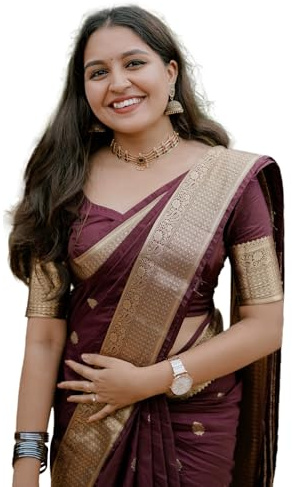 Sugathari Sari de seda Banarasi Kanchipuram Art granate para mujer, sari tradicional de boda y fiesta con pieza de blusa, sari de seda étnico indio para novia, festivo (KS-156)