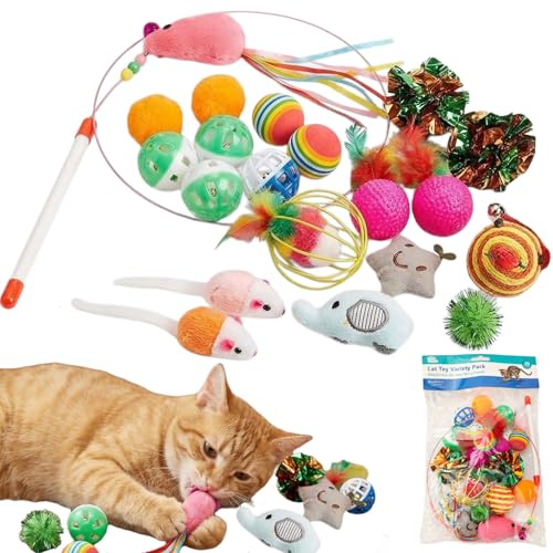 Speedy Panther 20 Piece Cat Toy Variety Pack, Indoor Kitten Toys with Teaser Wand, Plush Mouse, Catnip Ball, Feathers for Interactive Play