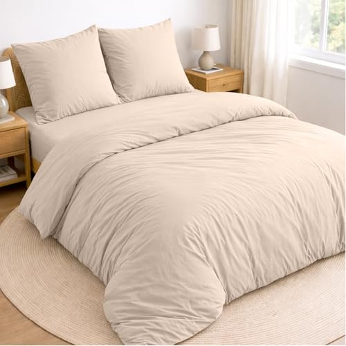 Twinzen Juego de Cama de 4 Piezas para Cama 135 - Funda Nordica 240x260 cm, Sabana Bajera 180x200 cm y 2 Fundas de Almohada 65x65 cm - Microfibra cepillada, Oeko-Tex - Beige