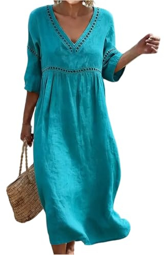 Summer Dresses for Women Women's Casual Dresses Loose Fit Summer Linen Dress 3/4 Sleeve Hollow Out V Neck A Line Beach Sundress