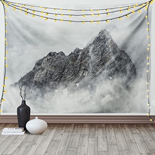 ABAKUHAUS Berge Wandteppich und Tagesdecke, Foggy Berggipfel aus Weiches Mikrofaser Stoff Waschbar ohne Verblassen Digitaldruck, 230 x 140 cm, Weiß Grau