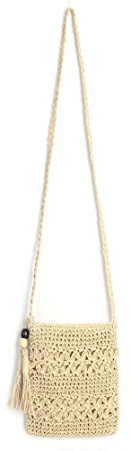 CHIC DIARY Kleine Strohtasche Damen Stroh Umhängetasche Sommer Strandtasche mit Quaste Crossbody Bag Schultertasche