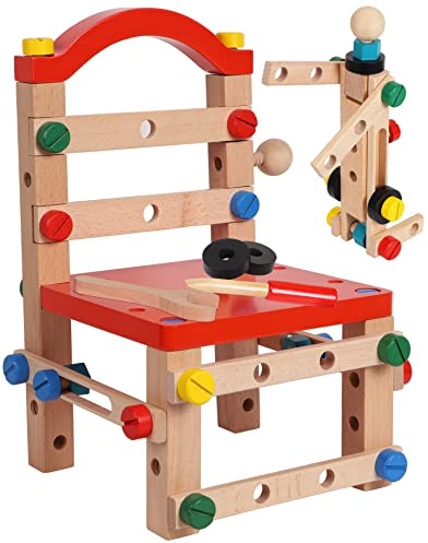 TOWO Set con Viti e Bulloni - Giocattolo in Legno - Set di Blocchi da Costruzioni con 54 Pezzi cassetta attrezzi legno panca della sedia - Gioco di Costruzioni in Legno per Bambini di 4 Anni …