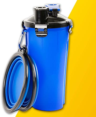 PawPride 2-in-1 Dog Water Bottle & Food Container, Leakproof Pet Travel Bottle with 2 Collapsible Bowls, Portable Dog Water Dispenser for Walking, Hiking, Camping & Travel - 2 Compartments